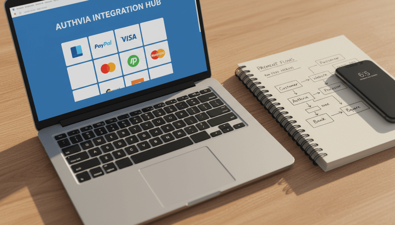 Merchant's desk with laptop showing payment integration dashboard and smartphone