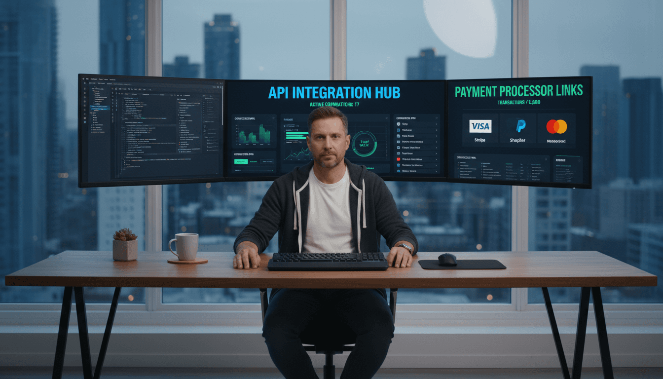 Software developer working on Authvia API integrations with payment processors displayed on monitors
