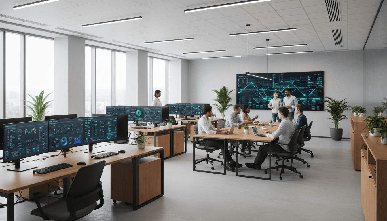 Tech professional monitoring payment transactions on multiple displays in a modern office environment
