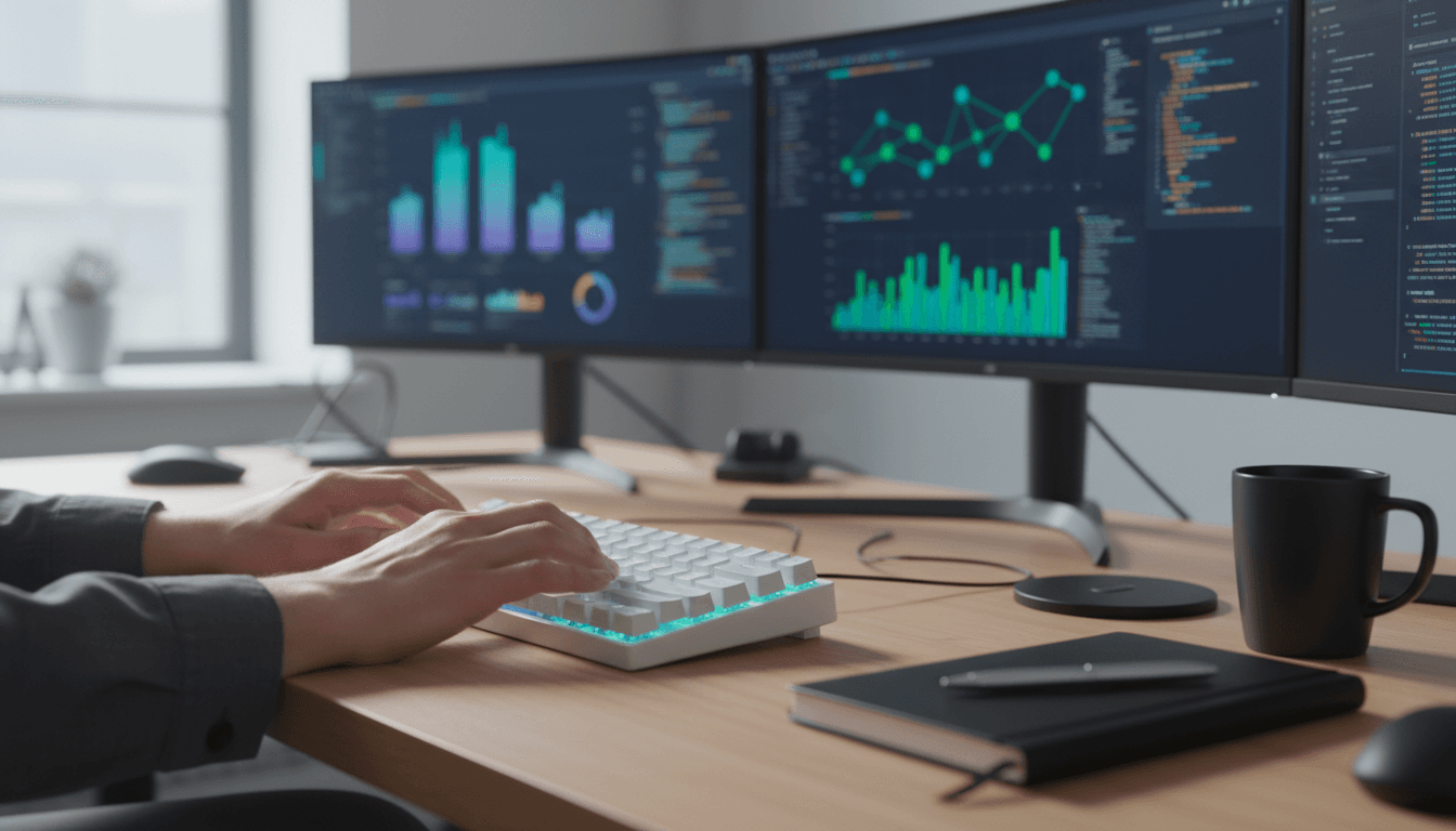 Software engineers working at modern workstations with code on multiple monitors